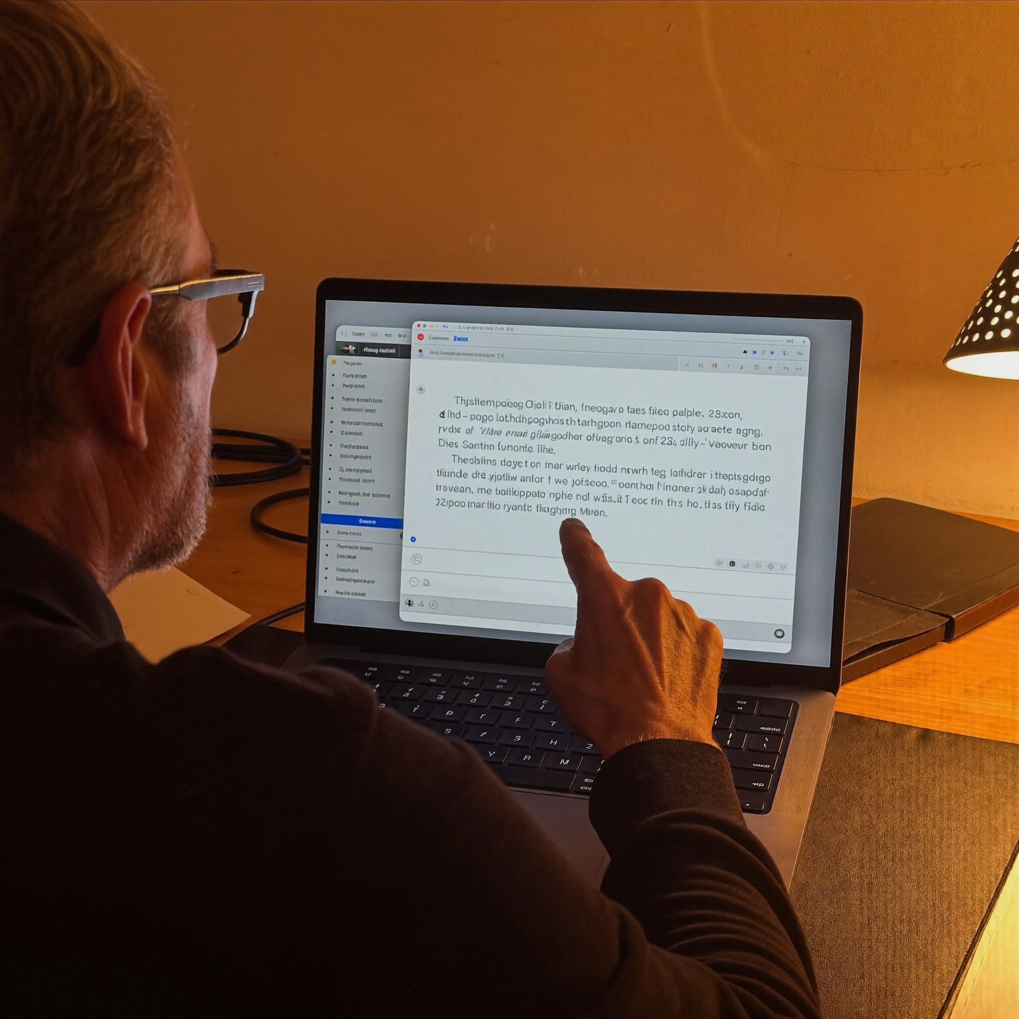 Homme d'une soixantaine d'années apprenant à écrire un e-mail sur un ordinateur portable